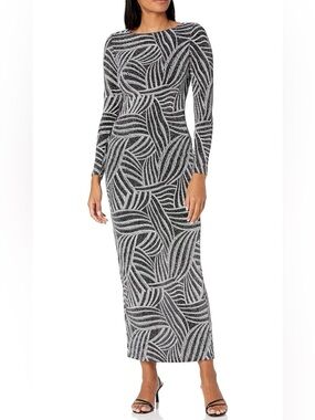 Fitted Long Sleeve Sparkly Black & Silver  Patterned Maxi Dress w/Cutout Back 16